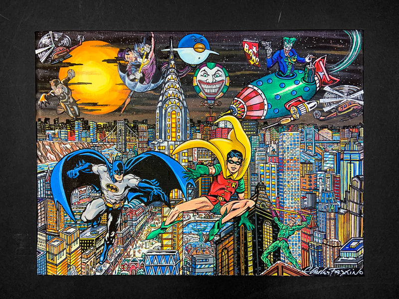 Batman and Robin Fight Villains Over the City (Framed)