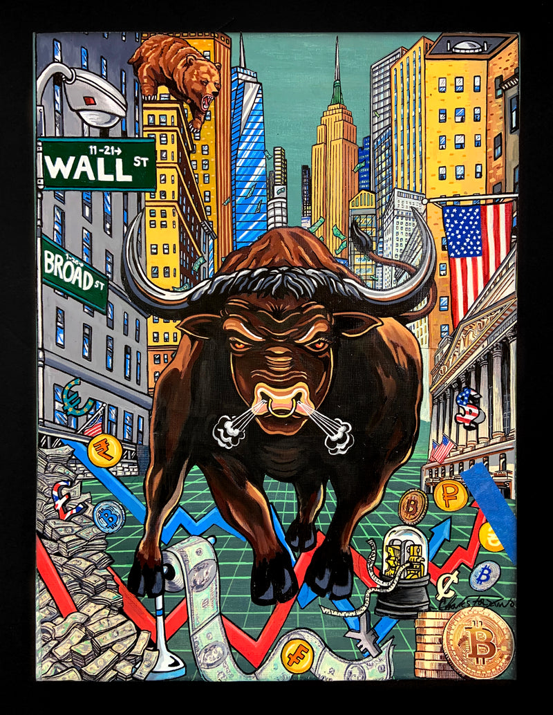 Bulls Charging Down Wall Street (Framed)