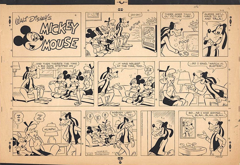 Mickey Mouse (1970) Original Sunday Comic Strip, Drawing, and Proof: Mickey, Minnie, Glory Bee, and Goofy