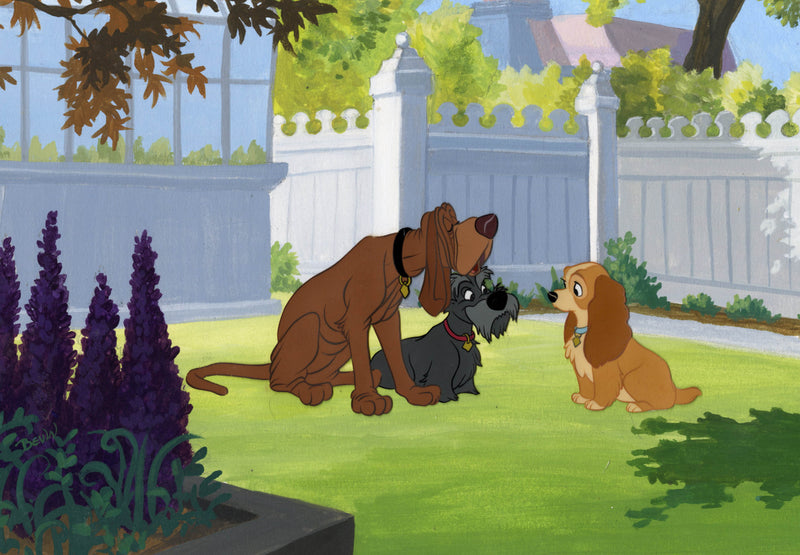Lady and the Tramp Original Production Cel on Hand-Painted Background: Lady, Jock, Trusty (Framed)
