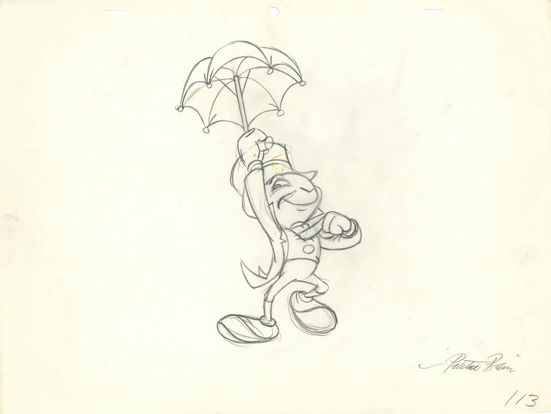 Jiminy Cricket Original Production Drawing Signed by Preston Blair