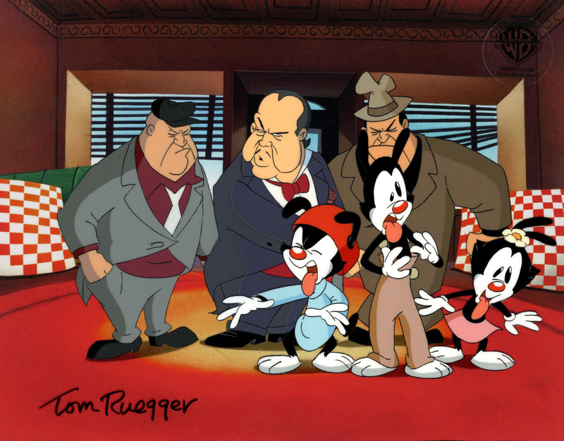 Animaniacs Original Production Cel with Matching Drawings Signed by Tom Ruegger: Yakko, Wakko, Dot, Mobsters