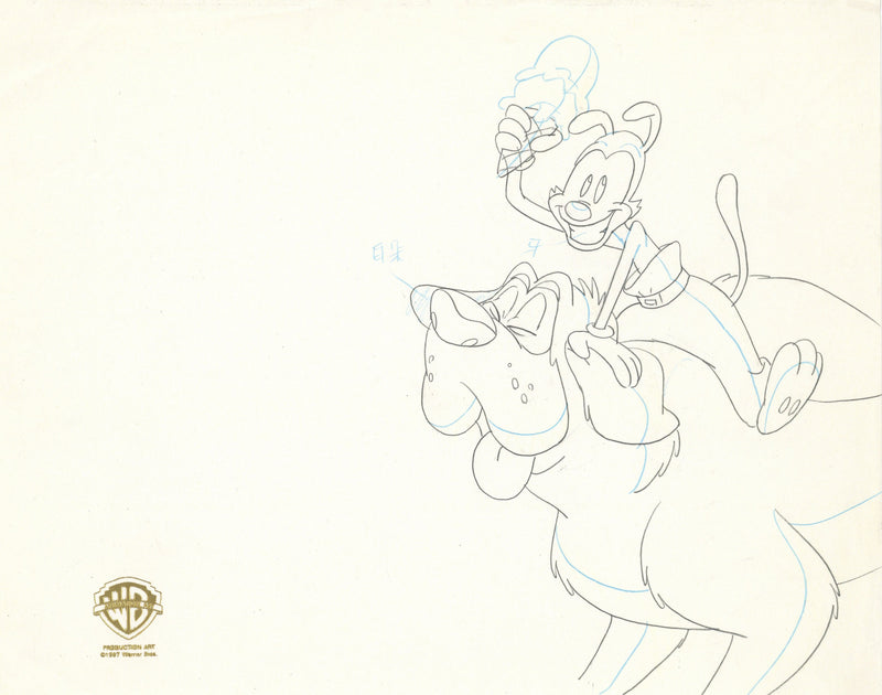 Animaniacs Original Production Cel with Matching Drawings Signed by Tom Ruegger: Yakko, Wakko, Dot