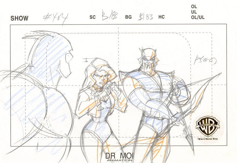Justice League Unlimited Original Production Layout Drawing: Wildcat, Black Canary, Green Arrow