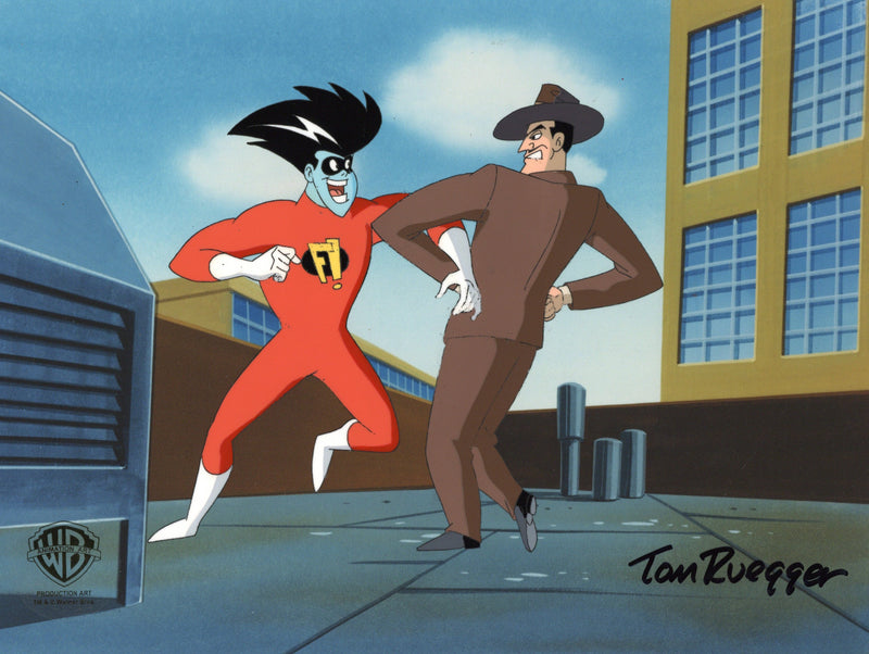 Freakazoid Original Production Cel with Matching Drawing Double Signed by Tom Ruegger: Freakazoid and Arms Akimbo