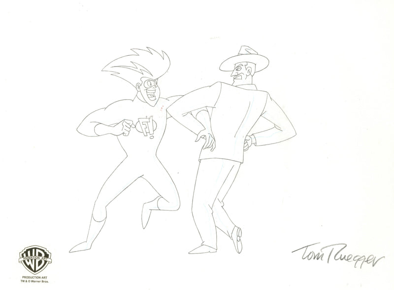Freakazoid Original Production Cel with Matching Drawing Double Signed by Tom Ruegger: Freakazoid and Arms Akimbo